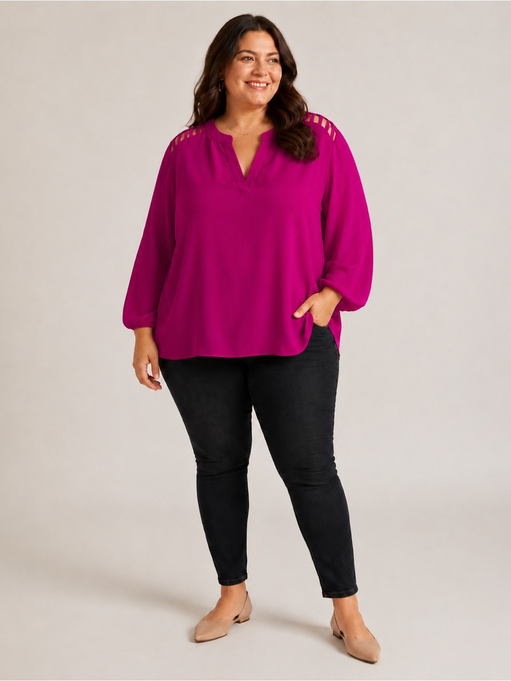 Live 4 Truth Fuchsia V-Neck Blouse with Ladder Shoulder Cutouts